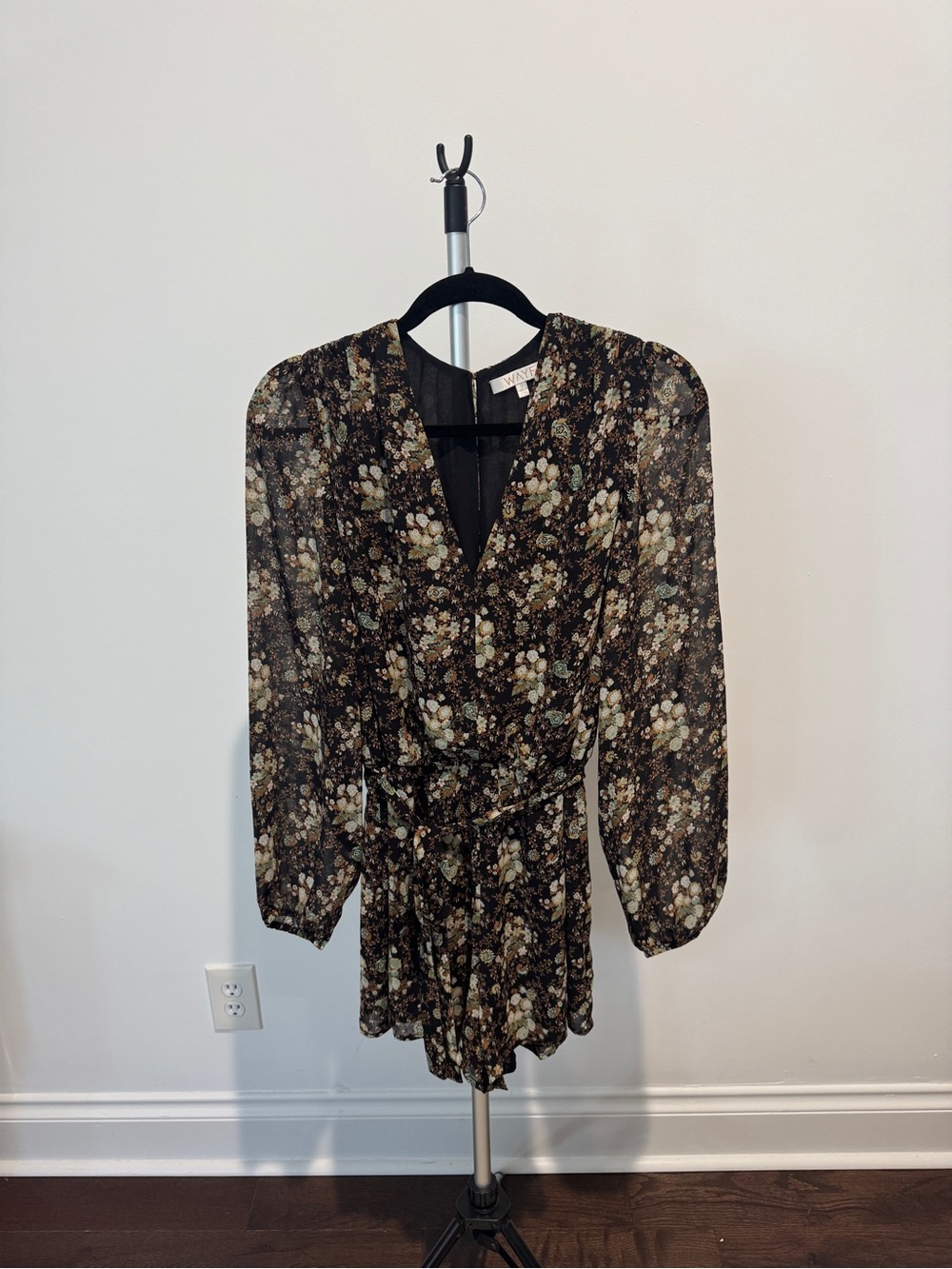 Wayf Black Floral Long-Sleeve Wrap Romper